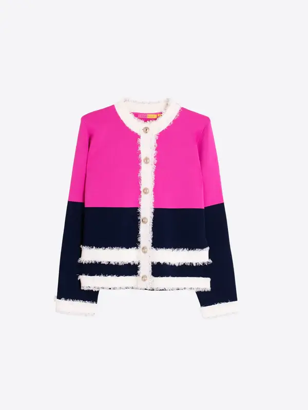 Cárdigan fucsia y marino ribetes deshilachados Vilagallo