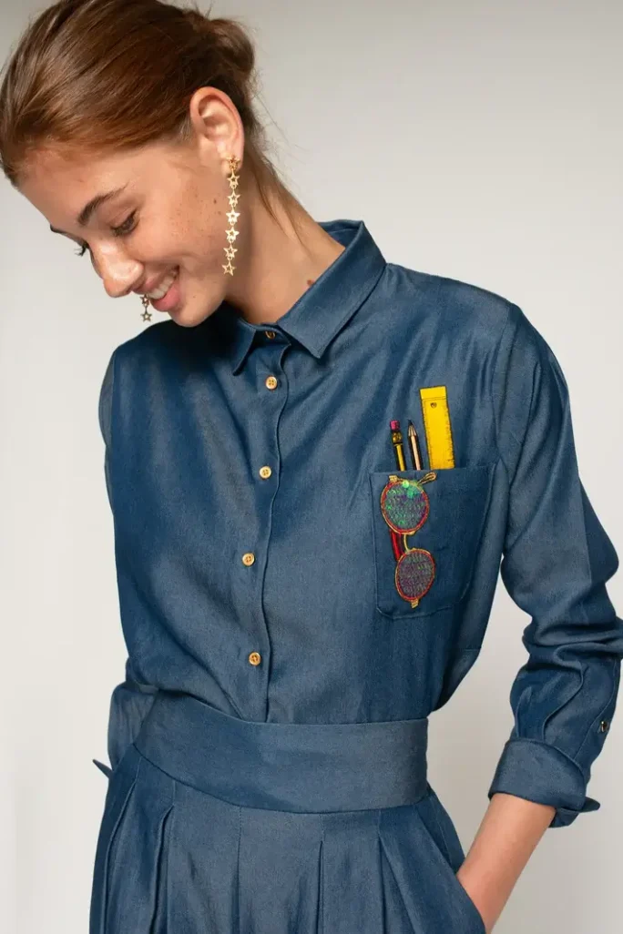 Camisa denim bolsillo bordado Vilagallo
