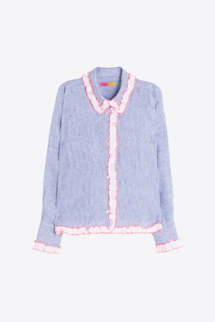 Camisa rayas azul volante rosa Vilagallo