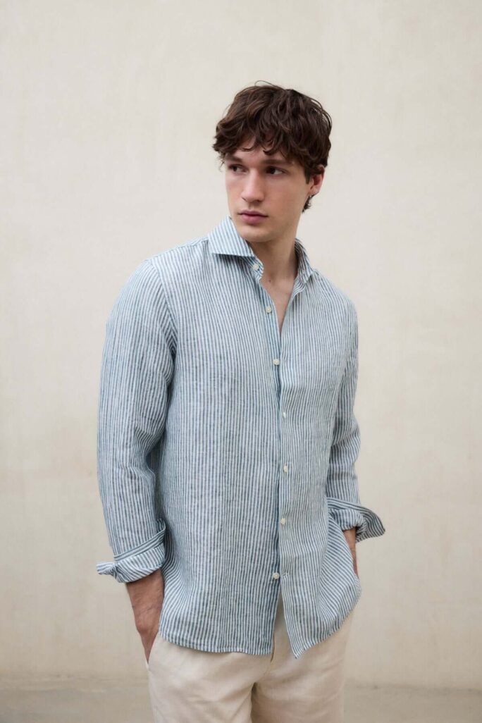Camisa Alfredo de Lino a Rayas Verde Ecoalf