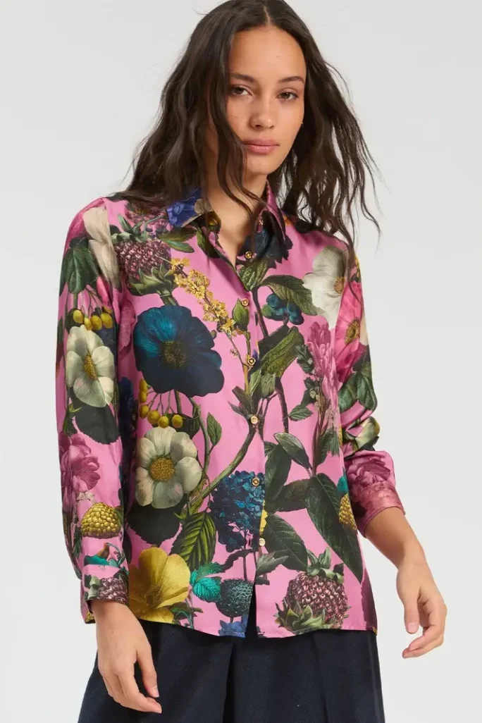 Camisa seda flores rosa Vilagallo