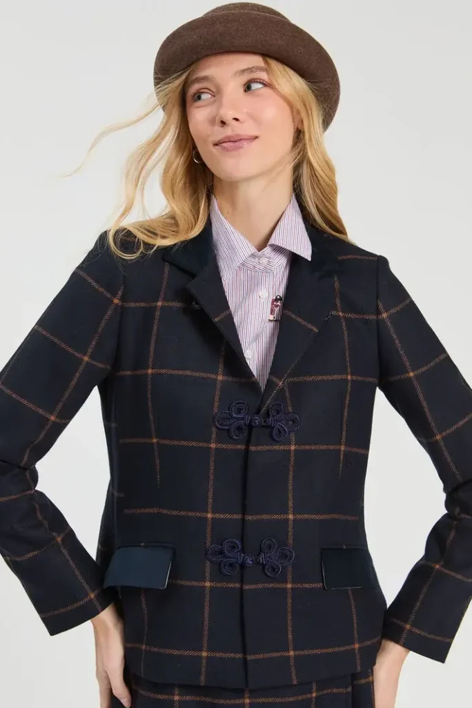 Chaqueta lana cuadros XL marino y camel Vilagallo